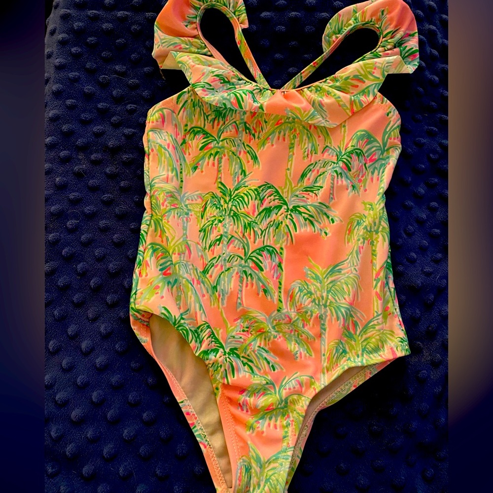 Kenzie Girl one piece pink with palms swimsuit